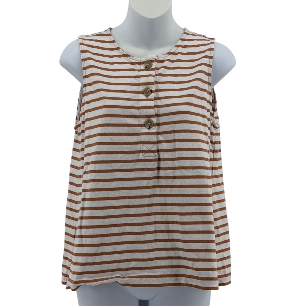 LOFT 100% Cotton Striped Henley Tank Top Women Small Brown White Sleeveless